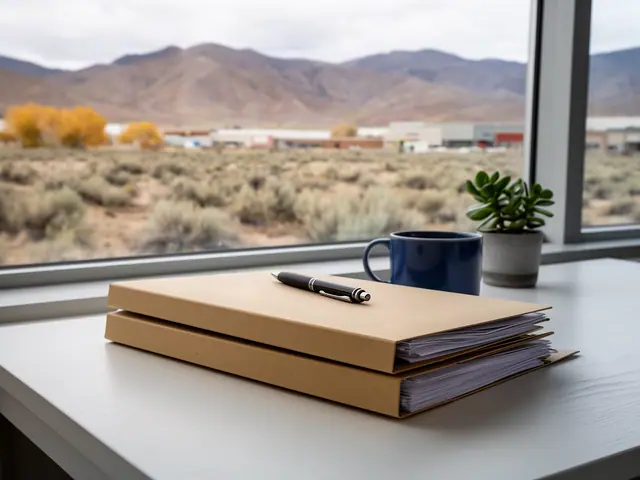 A neat stack of closed manila folders and a pen on a desk by a window.