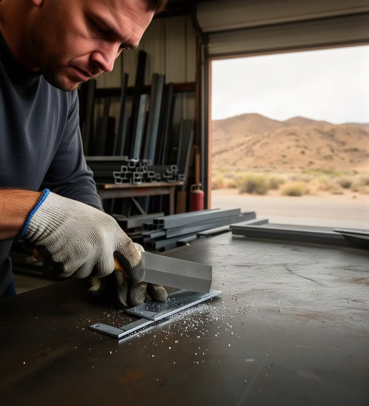 Close view of a fabricator in work gloves filing the edge of a steel bracket at a workbench by an open roll-up door.