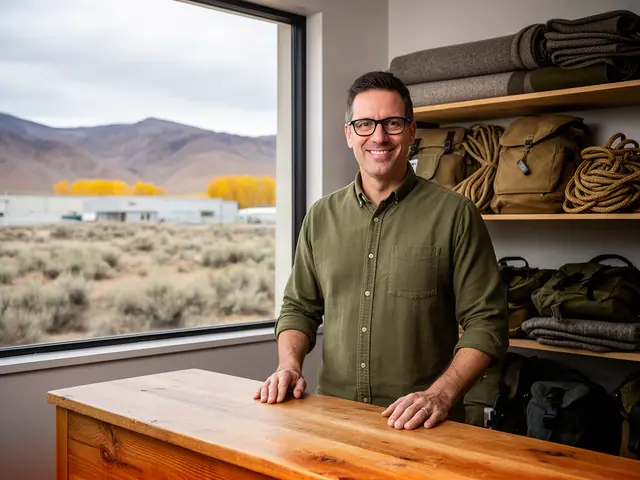 A shop owner behind the counter of a small outdoor-gear shop.