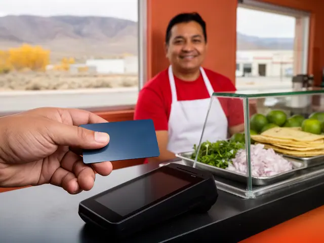 A customer taps a card on a counter terminal at a small taqueria.