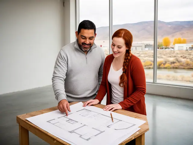 Two business partners looking over a pencil floor sketch in an empty storefront.