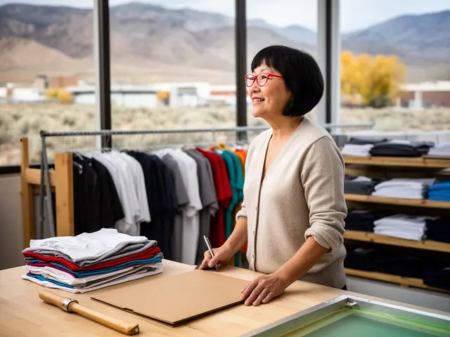 A woman with a short black bob and red-framed glasses at a work table with a closed folder in a small screen-printing shop.